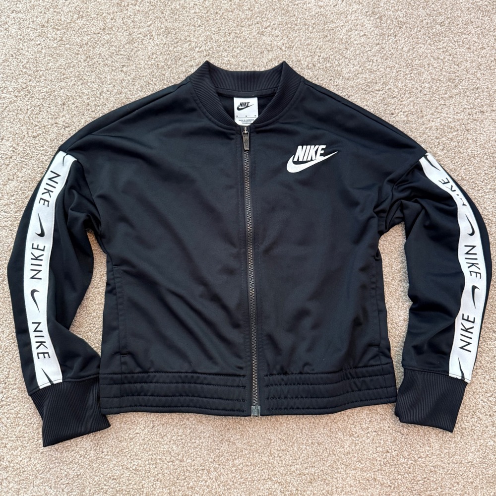 Nike Track Jacket Kids Medium Black Logo Tape Full Zip Bomber Sportswear